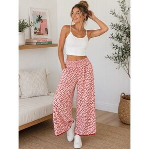 Sienna Sky Strawberry Print Wide Leg Crop Pants Pink Red Cottagecore Size Large